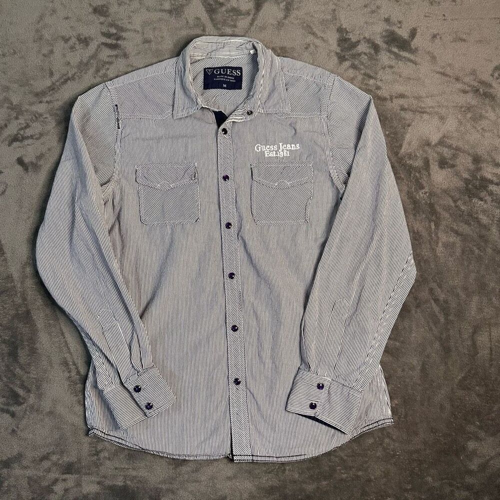 Vintage Guess Jeans Striped‎ LS Pearl Snap Shirt Mens M Blue 90s Western-Style